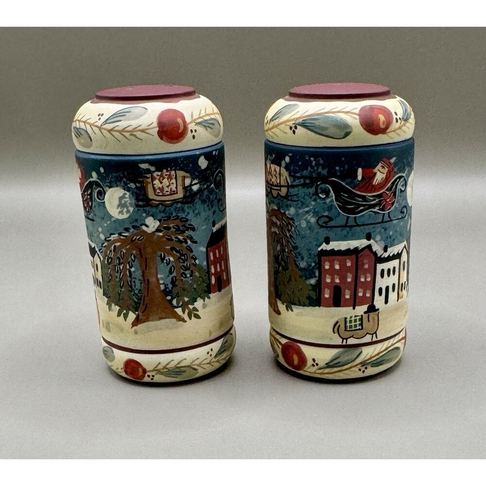Folk Art Wooden Salt and Pepper Shakers Santa Winter Village Scene Hand Painted